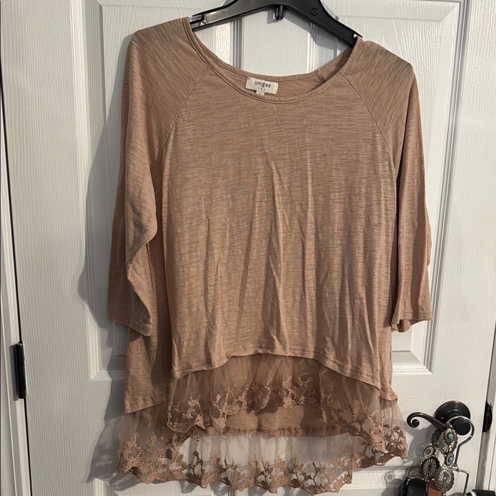 Beige Lace Hem Women's Top